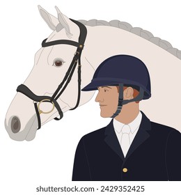 equestrian show jumping, horse and male rider wearing a helmet isolated on a white background