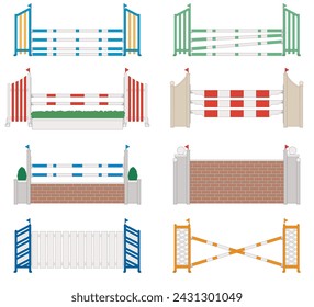 equestrian show jumping obstacles, a set of 8 from rails to walls isolated on white background