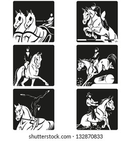 Equestrian  Simplified silhouettes of competitive equestrian sports: combined driving, show jumping, dressage, eventing (military), equestrian vaulting and western riding.