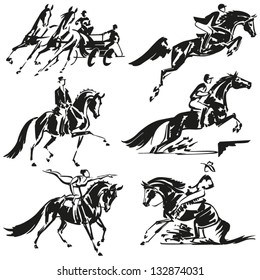 Equestrian  Simplified Silhouettes Of Competitive Equestrian Sports: Combined Driving, Show Jumping, Dressage, Eventing (military), Equestrian Vaulting And Western Riding.