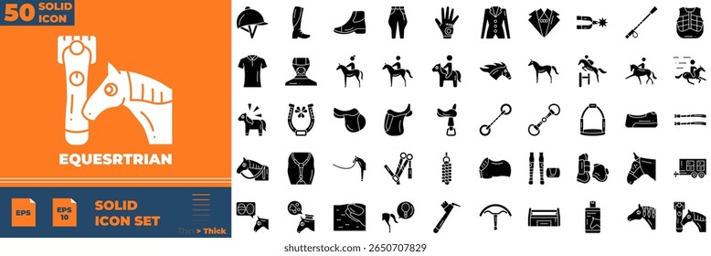 Equestrian Solid Editable Icons set. Ilustração vetorial em estilo sólido fino moderno de ícones equestres: cavalo, equitação, estável, etc
