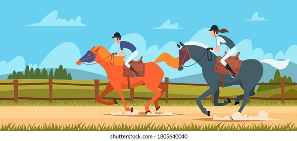 Equestrian sport background. People rides on race horse outdoor vector illustrations in cartoon style