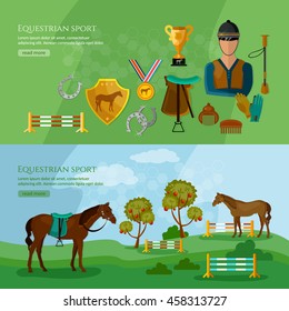 Equestrian sport banner horse riding professional jockey vector illustration