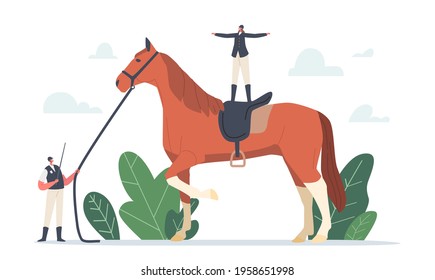 Club Deportivo Ecuestre, Concepto de Entrenamiento de Caballos. Pequeño personaje de entrenador con uniforme con azote y arnés de gran Stallion de color Purebred con jockey sobre espalda. Ilustración de vectores de personas de caricatura