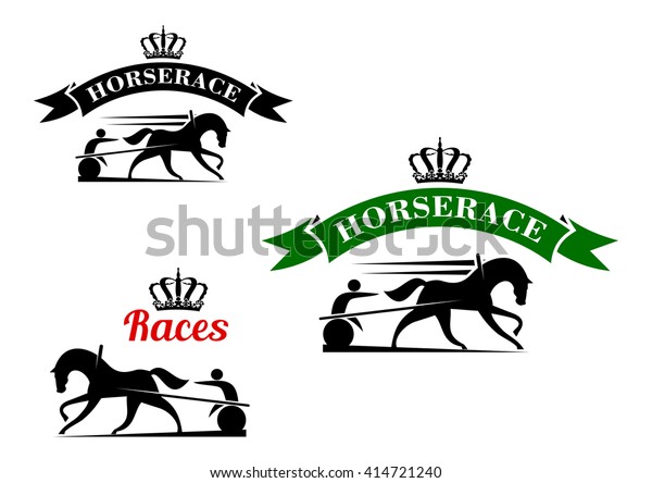 Equestrian\
sport competition icons for harness racing design template with\
running horses in horse harness with lightweight two wheeled carts,\
supplemented crowned ribbon banners\
above