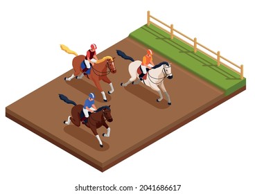 Concepto de deporte ecuestre con símbolos de carreras de caballos ilustración vectorial isométrica