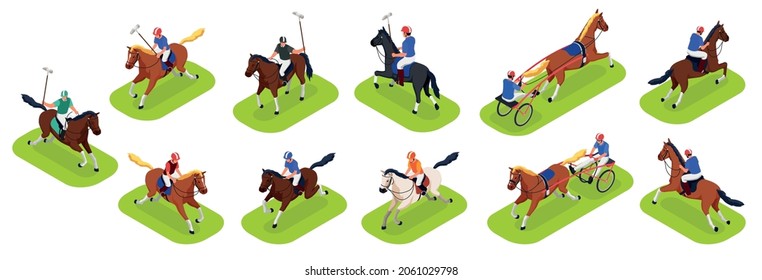 Equestrian sport concept set with horse racing and riding symbols isometric isolated vector illustration