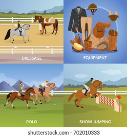 Equestrian sport design concept with equipment for horse and jockey, dressage, polo, show jumping isolated vector illustration