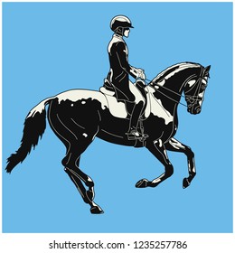 Equestrian sport, dressage. Vector vintage illustration of a rider cantering on a horse.