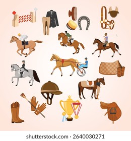 Equestrian sport elements set barrier gallop mane jump uniform whip movement equipment hobby action sunlit strap riding