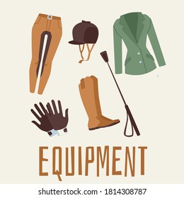 Equestrian sport equipment items set including clothing, flat cartoon vector illustration isolated on white background. Elements of costume of jockey for horse riding.