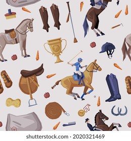 Equestrian Sport Equipment Seamless Pattern, Derby, Horse Racing Background, Wallpaper, Textile, Packaging Design Cartoon Vector Illustration