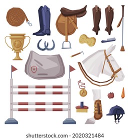 Equestrian Sport Equipment Set, Horse Riding Essentials and Grooming Tools Vector Illustration