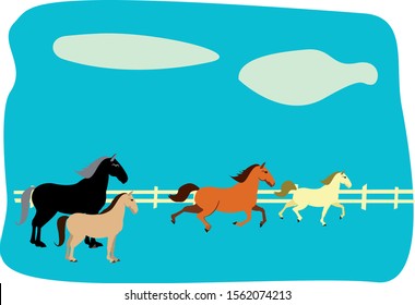 Equestrian Sport Flat Hand Drawn Color Illustration. Stallion. Cartoon Horse Jumping, Rearing. Equestrianism. Racehorse Handdrawn Clipart. Hippodrome. Horse Exterior In Motion, Isolated. Vector Eps. 8