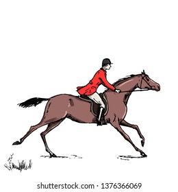 Equestrian sport fox hunting with galloping horse man rider english style on landscape. England steeplechase horseman tradition. Hand drawing vector vintage horseback art.