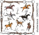 Equestrian sport fox hunting with horse riders english style on landscape. England steeplechase tradition in leather belt frame with bit, saddle, horse riding tool. Hand drawing vector vintage art.