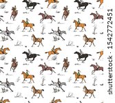 Equestrian sport fox hunting with horse riders english style on landscape seamless pattern. England steeplechase tradition bit, saddle, horse riding tool isolated on white. Hand drawing vintage vector