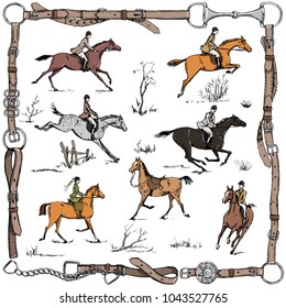 Equestrian sport fox hunting with horse riders english style on landscape. England steeplechase tradition in leather belt frame with bit, saddle, horse riding tool. Hand drawing vector vintage art.