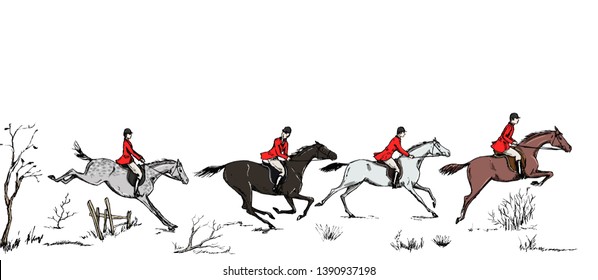 Equestrian sport fox hunting with horse riders english style in red jacket on landscape. England steeplechase tradition frame, header banner or border. Hand drawing vector vintage art pattern on white