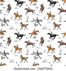 Equestrian sport fox hunting with horse riders english style on landscape seamless pattern. England steeplechase tradition bit, saddle, horse riding tool isolated on white. Hand drawing vintage vector