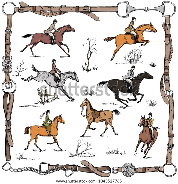 Equestrian sport fox hunting with horse riders\
english style on landscape. England steeplechase tradition in\
leather belt frame with bit, saddle, horse riding tool. Hand\
drawing vector vintage\
art.