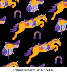 Equestrian sport gear accessories seamless pattern, stuff equipment for horse riding, Jockey rider clothing. Uniform, horseshoes, saddle, animal harness for racing competition vector illustration