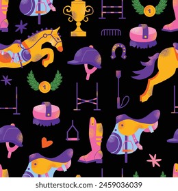 Equestrian sport gear accessories seamless pattern, stuff equipment for horse riding, Jockey rider clothing. Uniform, horseshoes, saddle, animal harness for racing competition vector illustration