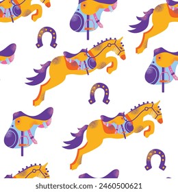 Equestrian sport gear accessories seamless pattern, stuff equipment for horse riding, Jockey rider clothing. Uniform, horseshoes, saddle, animal harness for racing competition vector illustration