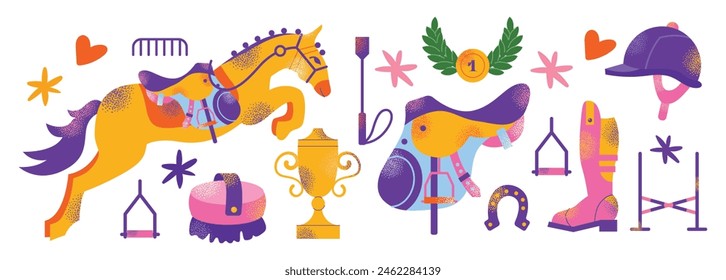 Accesorios de equipo deportivo ecuestre, equipo de material para montar a caballo, conjunto aislado de ropa de jinete. Uniforme, herraduras, silla de montar, suministro de arnés de animales para la Ilustración vectorial de competición de carreras