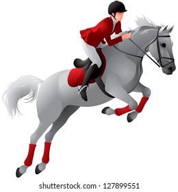 Equestrian sport girl rider in red uniform on the white horse, Show jumping competition realistic vector illustration