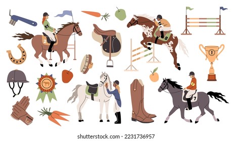 Equestrian sport. Girls and boys are professional jockeys riding horses, racing stallions, equestrian sports accessories, boots and saddle, animal care equipment tidy vector cartoon flat set