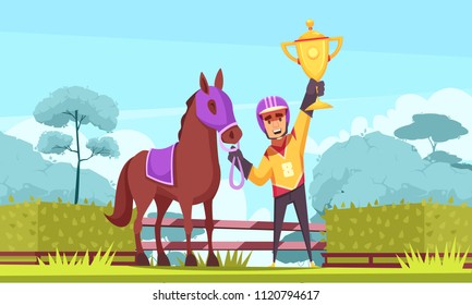 Equestrian sport horizontal composition with outdoor scenery and flat character of winner horseman with golden cup vector illustration