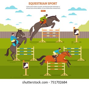 Equestrian sport horse illustration with pleasure ground scenery horsemen and barriers with text and more button vector illustration