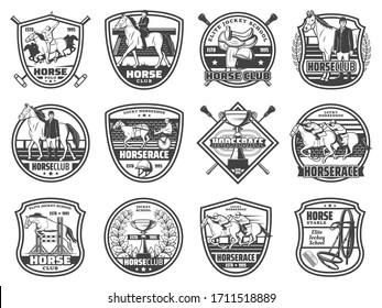 Equestrian sport, horse races and polo club, vector badges and emblems. Equine racing and jockey rider equipment, harness and saddle, whip and championship victory cup