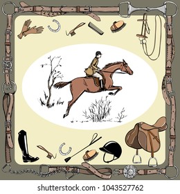 Equestrian sport with horse rider England steeplechase style. Derby in leather belt frame with bit, saddle, bridle, stirrup, brush, horse riding tack grooming tool. Hand drawing vector vintage art.