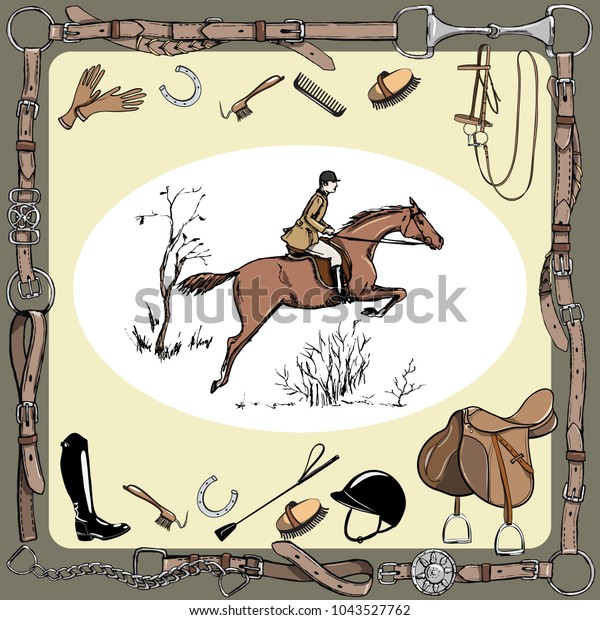 Equestrian sport with horse rider England\
steeplechase style. Derby in leather belt frame with bit, saddle,\
bridle, stirrup, brush, horse riding tack grooming tool. Hand\
drawing vector vintage\
art.