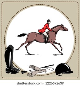 Equestrian sport horse rider in red jacket England steeplechase style. Derby in leather frame and horse riding gear tool. Black boot and whip, helmet and gloves. Hand drawing equine cartoon vector