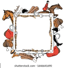 Equestrian sport horse rider style banner template. Steeplechase horsemen in leather belt frame bit, saddle, stirrup, bridle, horse riding gear tool. Hand drawing equine vector vintage art background