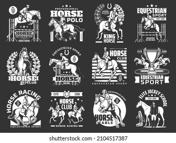 Equestrian sport horse riding and polo club, jockey school, race, jump and dressage vector icons. Racehorses, hippodrome track and horseback riders, champion trophy, harness, horseshoe