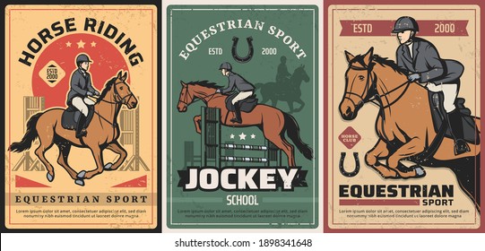 Equestrian sport, horse riding and race on hippodrome vintage posters. Vector professional ride, elite jockey school. Horseback riding sports grunge retro cards with rider and lucky horseshoe set