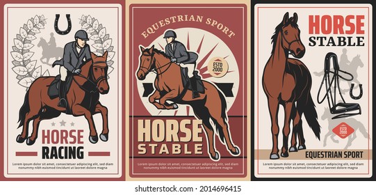 Equestrian sport, horse riding and race on hippodrome vector vintage posters. Professional ride, horse stable. Horseback riding sports grunge retro cards with rider, harness gear and lucky horseshoe