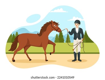 Equestrian Sport Horse Trainer with Training, Riding Lessons and Running Horses in Flat Cartoon Hand Drawn Template Illustration