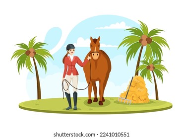 Equestrian Sport Horse Trainer with Training, Riding Lessons and Running Horses in Flat Cartoon Hand Drawn Template Illustration