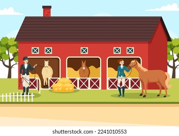 Equestrian Sport Horse Trainer with Training, Riding Lessons and Running Horses in Flat Cartoon Hand Drawn Template Illustration