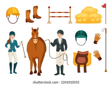 Equestrian Sport Horse Trainer with Training, Riding Lessons and Running Horses in Flat Cartoon Hand Drawn Template Illustration