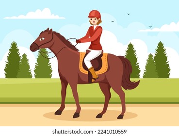 Equestrian Sport Horse Trainer with Training, Riding Lessons and Running Horses in Flat Cartoon Hand Drawn Template Illustration