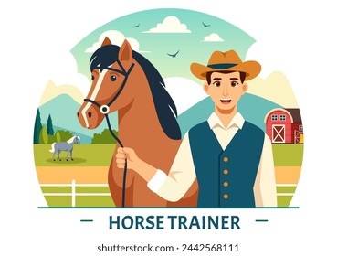 Equestrian Sport Horse Trainer Vector Illustration with Training, Riding Lessons and Running Horses in Flat Cartoon Background Design