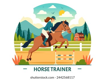 Ilustración vectorial de entrenador de caballos deportivos ecuestres con entrenamiento, lecciones de equitación y caballos corriendo en diseño de fondo plano de dibujos animados