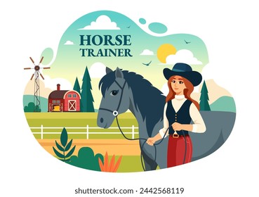 Equestrian Sport Horse Trainer Vector Illustration with Training, Riding Lessons and Running Horses in Flat Cartoon Background Design
