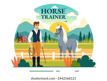 Equestrian Sport Horse Trainer Vector Illustration with Training, Riding Lessons and Running Horses in Flat Cartoon Background Design